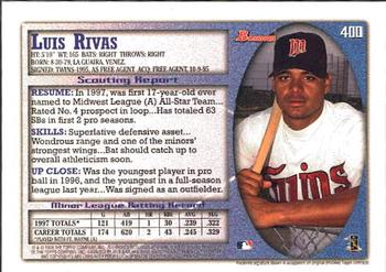 1998 Bowman #400 Luis Rivas Back