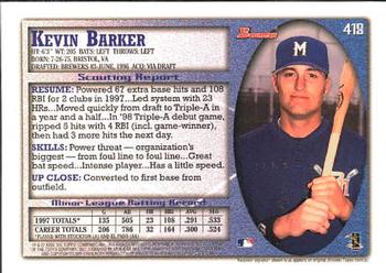 1998 Bowman #418 Kevin Barker Back