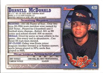 1998 Bowman #420 Darnell McDonald Back