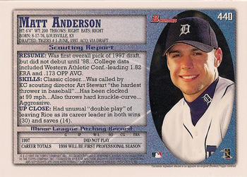 1998 Bowman #440 Matt Anderson Back