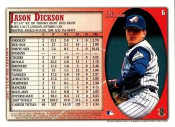 1998 Bowman #6 Jason Dickson Back