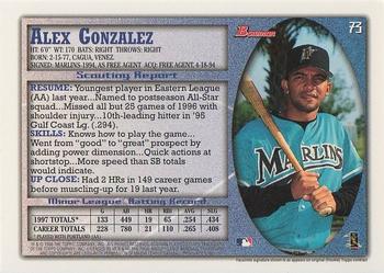 1998 Bowman #73 Alex Gonzalez Back