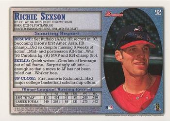 1998 Bowman #92 Richie Sexson Back
