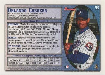 1998 Bowman #93 Orlando Cabrera Back