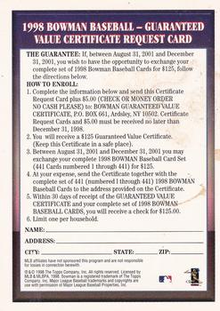 1998 Bowman #NNO 1998 Bowman Certificate Request Card Back