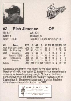 2002 Auburn Doubledays #NNO Rich Jimenez Back