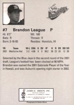2002 Auburn Doubledays #NNO Brandon League Back