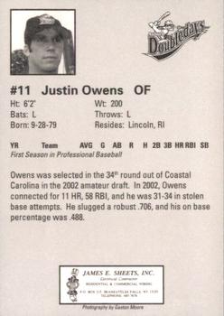2002 Auburn Doubledays #NNO Justin Owens Back