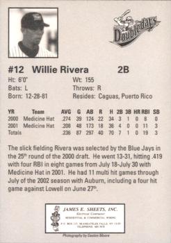 2002 Auburn Doubledays #NNO Willie Rivera Back