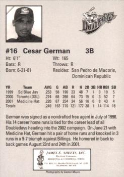 2002 Auburn Doubledays #NNO Cesar German Back