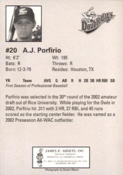 2002 Auburn Doubledays #NNO A.J. Porfirio Back