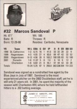 2002 Auburn Doubledays #NNO Marcos Sandoval Back
