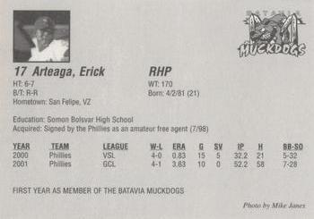2002 Batavia Muckdogs #17 Erick Arteaga Back