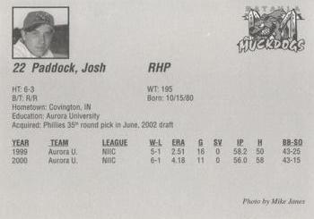 2002 Batavia Muckdogs #22 Josh Paddock Back