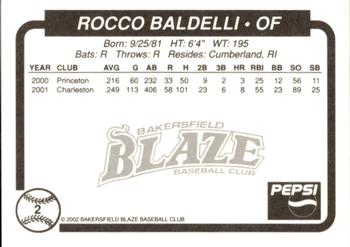 2002 Bakersfield Blaze #2 Rocco Baldelli Back