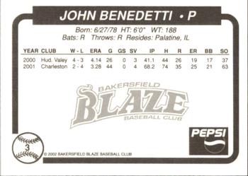 2002 Bakersfield Blaze #3 John Benedetti Back