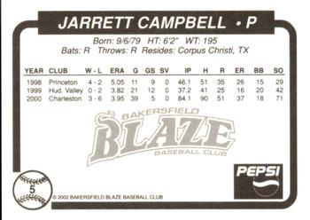 2002 Bakersfield Blaze #5 Jarrett Campbell Back
