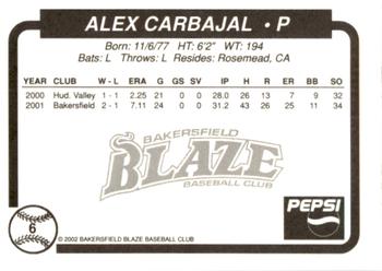 2002 Bakersfield Blaze #6 Alex Carbajal Back