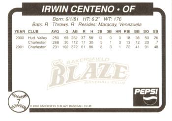 2002 Bakersfield Blaze #7 Irwin Centeno Back
