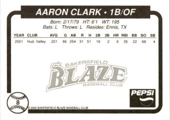 2002 Bakersfield Blaze #8 Aaron Clark Back