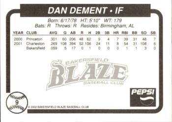 2002 Bakersfield Blaze #9 Dan Dement Back
