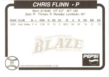 2002 Bakersfield Blaze #11 Chris Flinn Back