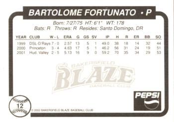 2002 Bakersfield Blaze #12 Bartolome Fortunato Back