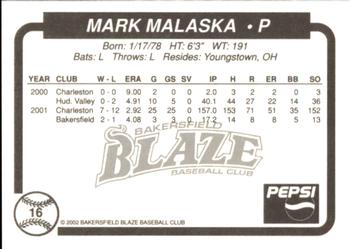 2002 Bakersfield Blaze #16 Mark Malaska Back