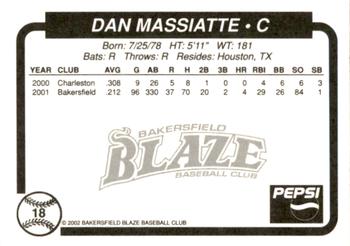2002 Bakersfield Blaze #18 Dan Massiatte Back