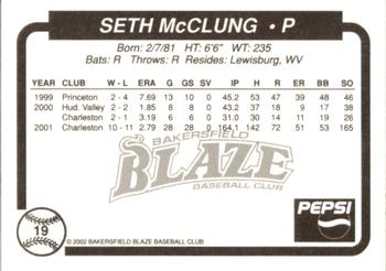 2002 Bakersfield Blaze #19 Seth McClung Back