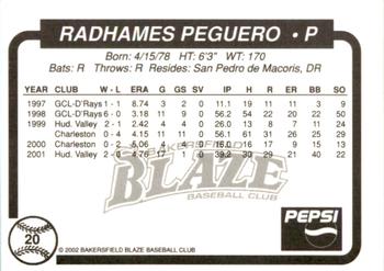 2002 Bakersfield Blaze #20 Radhames Peguero Back
