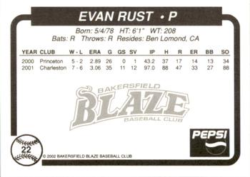 2002 Bakersfield Blaze #22 Evan Rust Back