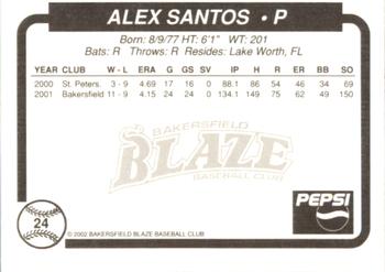 2002 Bakersfield Blaze #24 Alex Santos Back