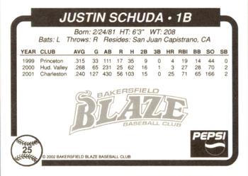 2002 Bakersfield Blaze #25 Justin Schuda Back