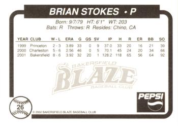 2002 Bakersfield Blaze #26 Brian Stokes Back
