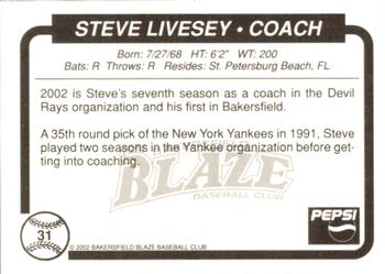2002 Bakersfield Blaze #31 Steve Livesey Back