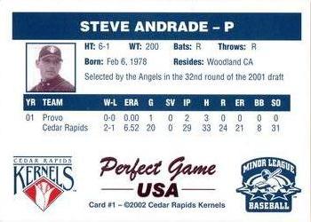 2002 Perfect Game Cedar Rapids Kernels #1 Steve Andrade Back