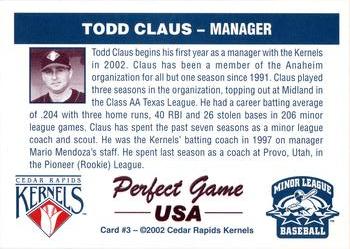2002 Perfect Game Cedar Rapids Kernels #3 Todd Claus Back