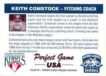 2002 Perfect Game Cedar Rapids Kernels #4 Keith Comstock Back