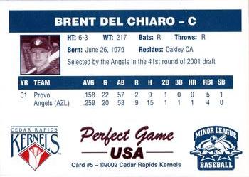 2002 Perfect Game Cedar Rapids Kernels #5 Brent Del Chiaro Back