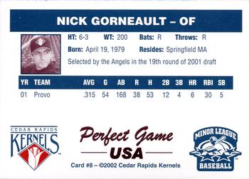 2002 Perfect Game Cedar Rapids Kernels #8 Nick Gorneault Back