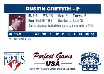 2002 Perfect Game Cedar Rapids Kernels #9 Dustin Griffith Back