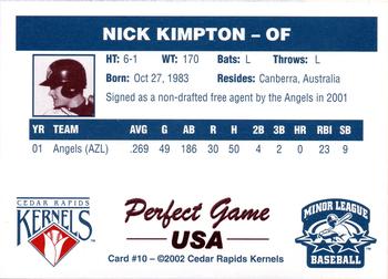 2002 Perfect Game Cedar Rapids Kernels #10 Nick Kimpton Back