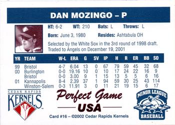2002 Perfect Game Cedar Rapids Kernels #16 Dan Mozingo Back
