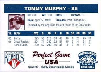 2002 Perfect Game Cedar Rapids Kernels #17 Tommy Murphy Back