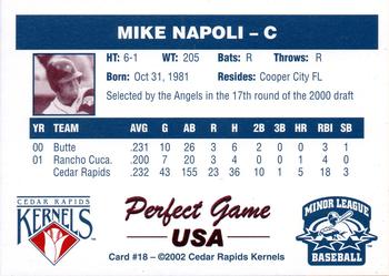 2002 Perfect Game Cedar Rapids Kernels #18 Mike Napoli Back