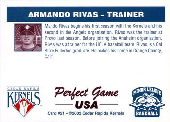 2002 Perfect Game Cedar Rapids Kernels #21 Armando Rivas Back
