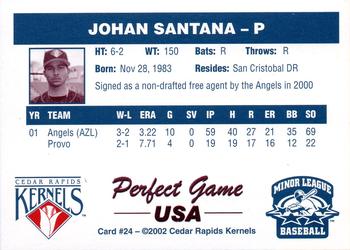 2002 Perfect Game Cedar Rapids Kernels #24 Johan Santana Back