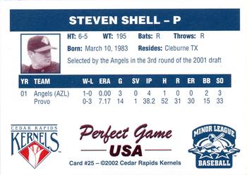 2002 Perfect Game Cedar Rapids Kernels #25 Steven Shell Back