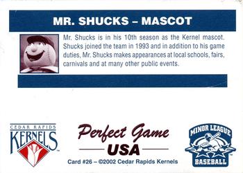 2002 Perfect Game Cedar Rapids Kernels #26 Mr. Shucks Back